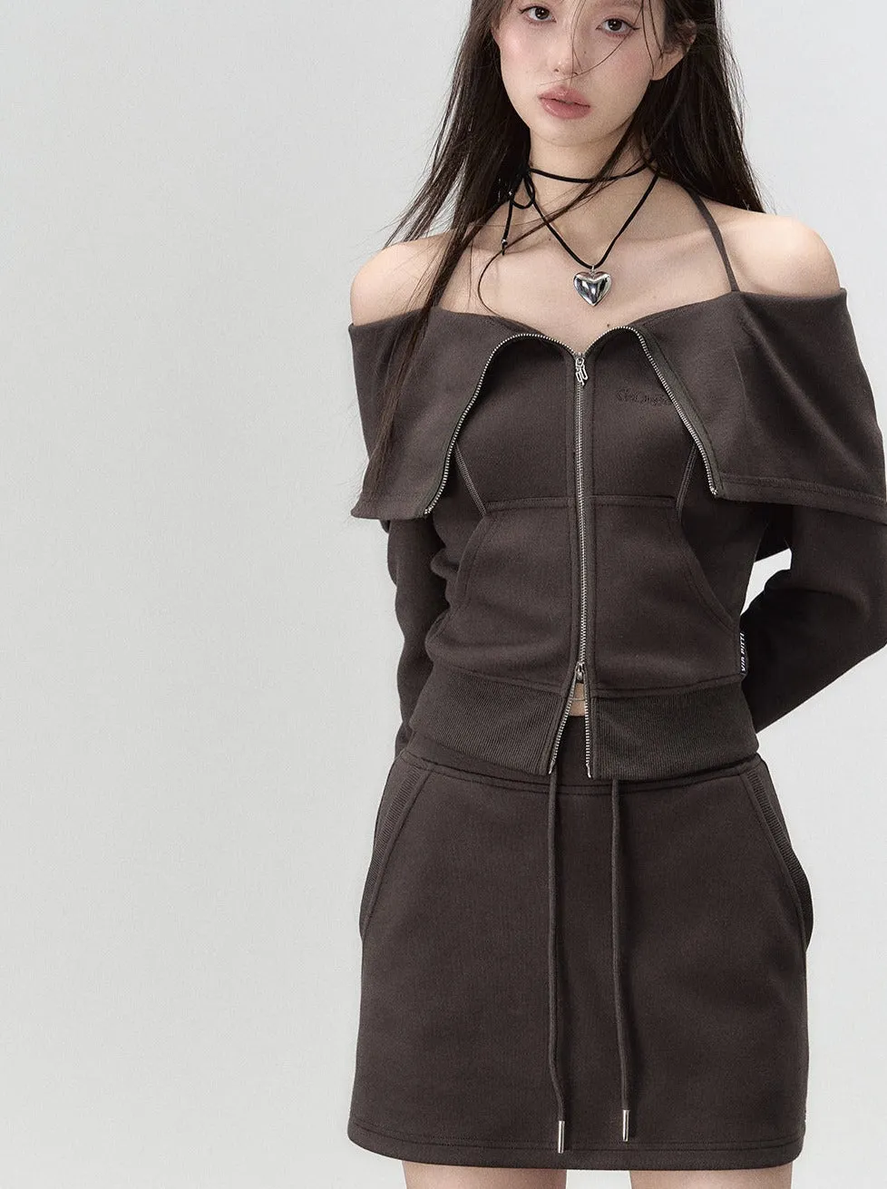 Off-the-shoulder   strap sweatshirt skirt zip-up top