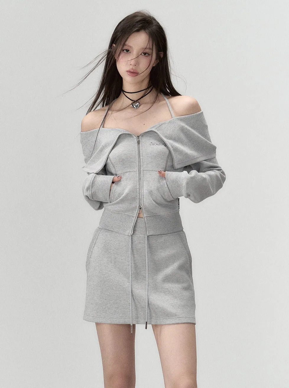 Off-the-shoulder   strap sweatshirt skirt zip-up top