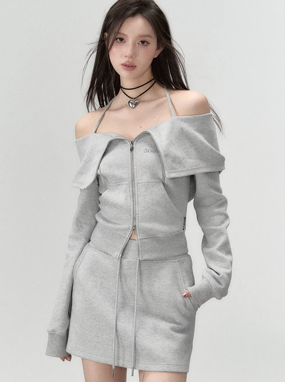 Off-the-shoulder   strap sweatshirt skirt zip-up top