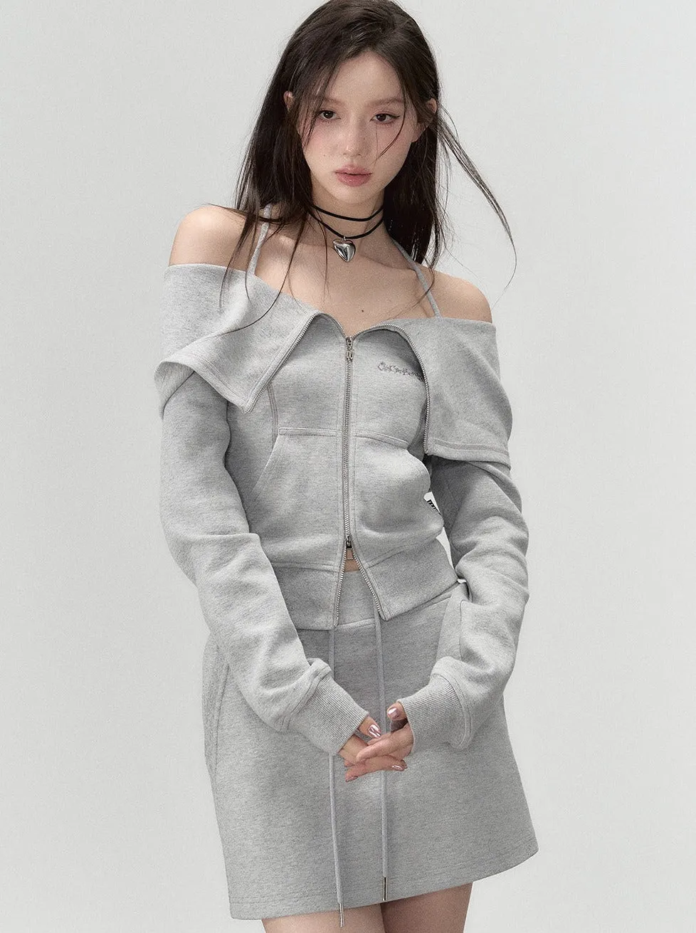 Off-the-shoulder   strap sweatshirt skirt zip-up top