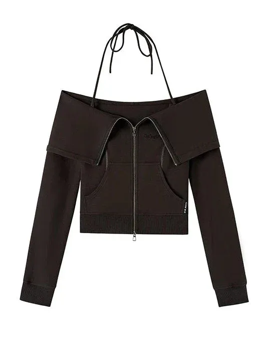 Off-the-shoulder   strap sweatshirt skirt zip-up top
