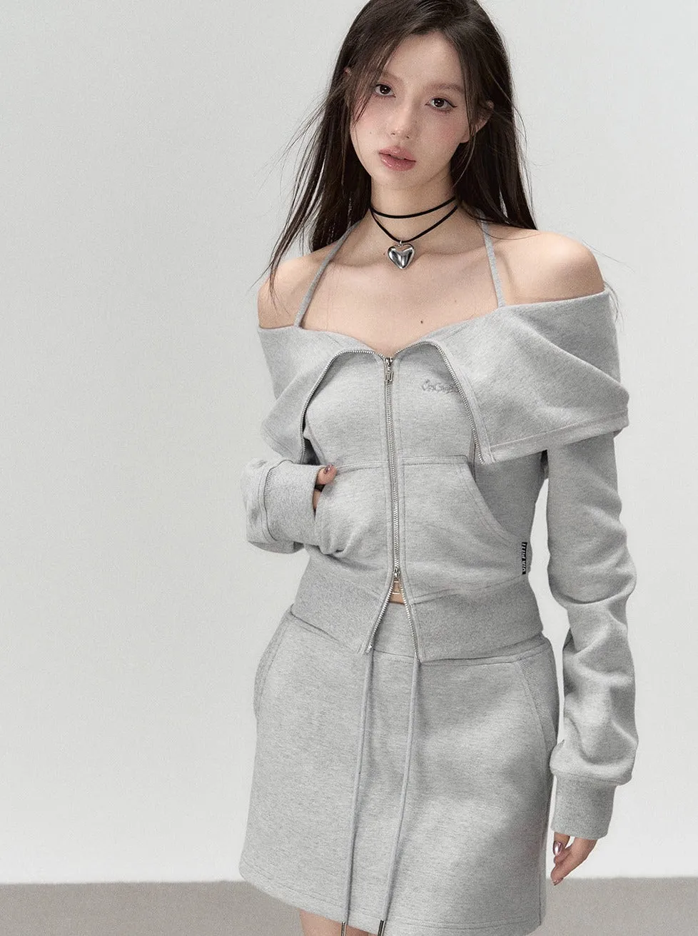 Off-the-shoulder   strap sweatshirt skirt zip-up top