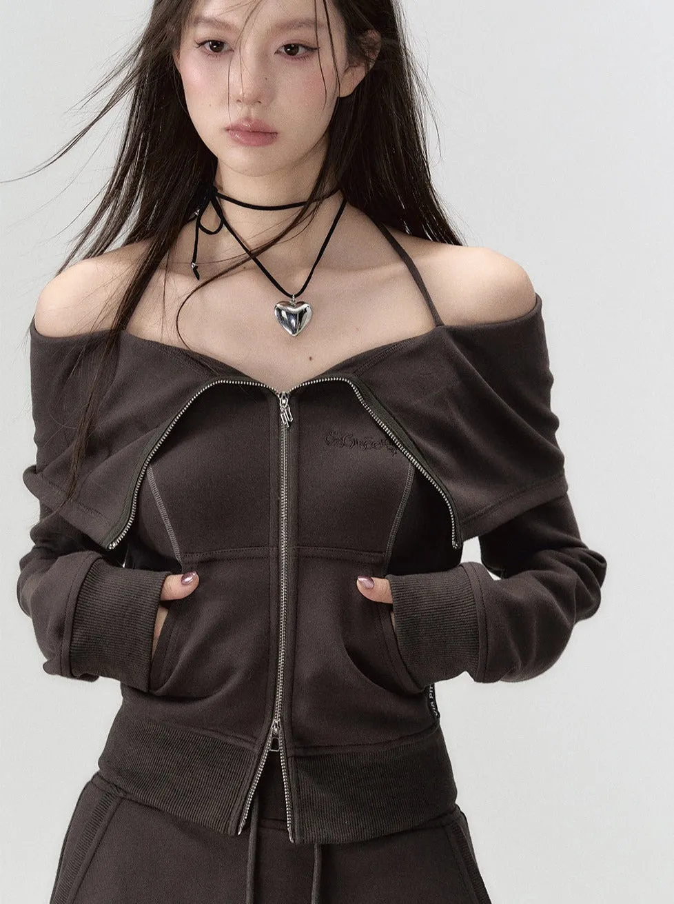 Off-the-shoulder   strap sweatshirt skirt zip-up top