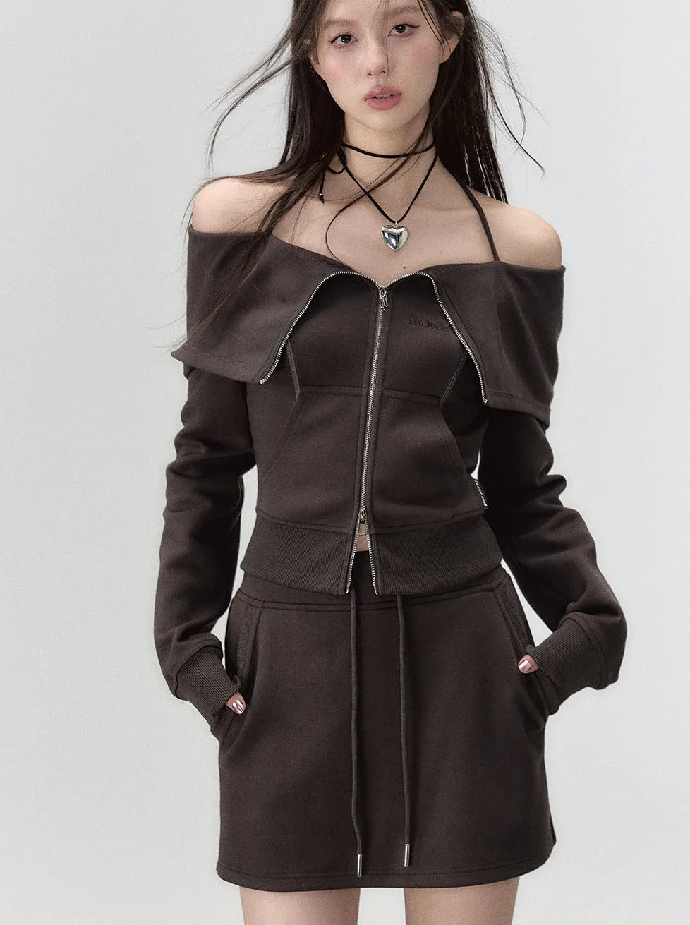 Off-the-shoulder   strap sweatshirt skirt zip-up top