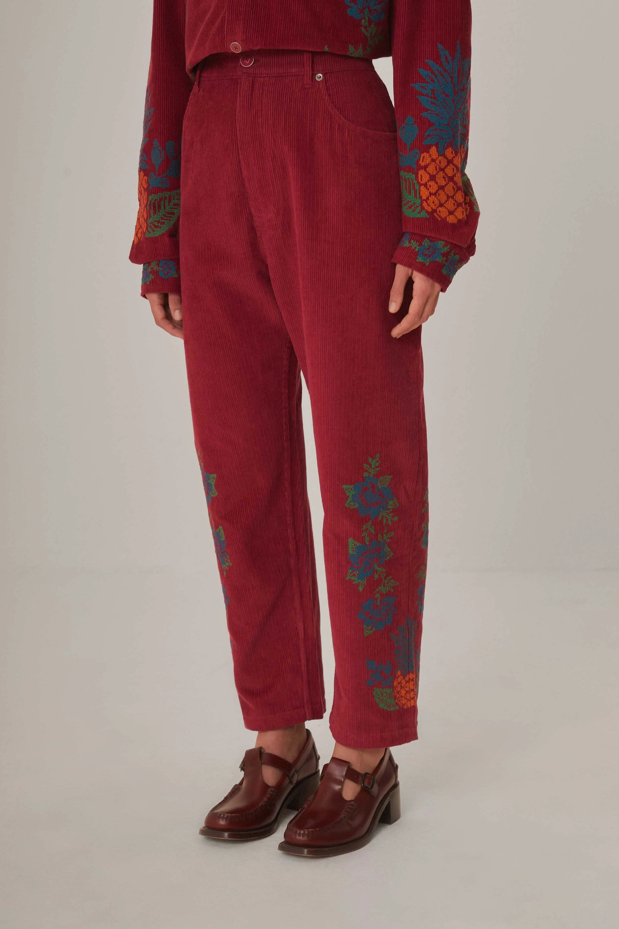 Pink Corduroy Embroidered Pants