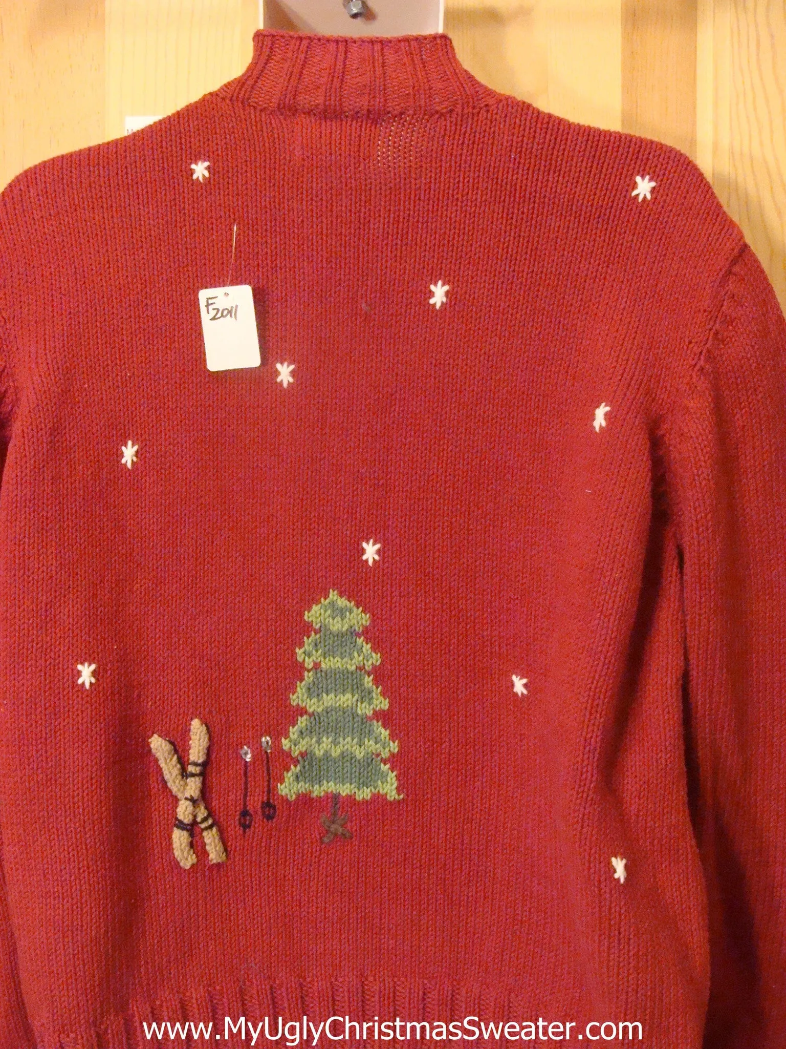 Red Festive Ugly Christmas Sweater with Skates, Skiis