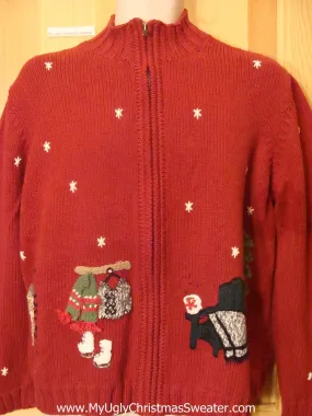 Red Festive Ugly Christmas Sweater with Skates, Skiis