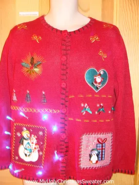 Red Light Up Ugly Xmas Sweater with Snowman, Heart, Ivy and Gift
