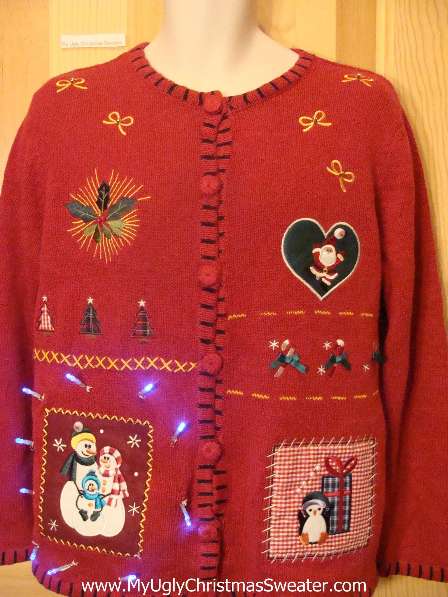 Red Light Up Ugly Xmas Sweater with Snowman, Heart, Ivy and Gift