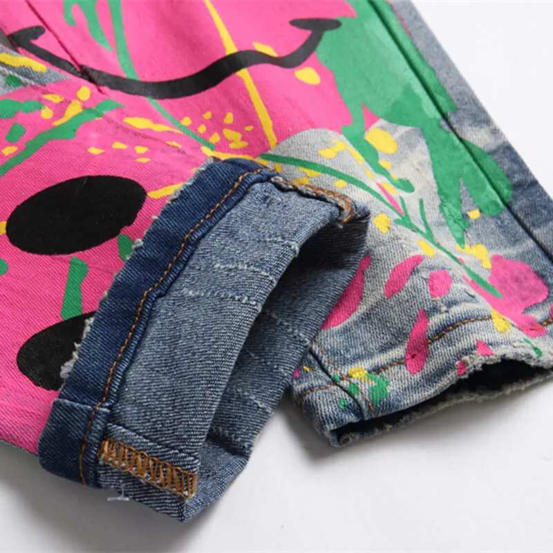 Retro Blue Graffiti Printed Cotton Pants