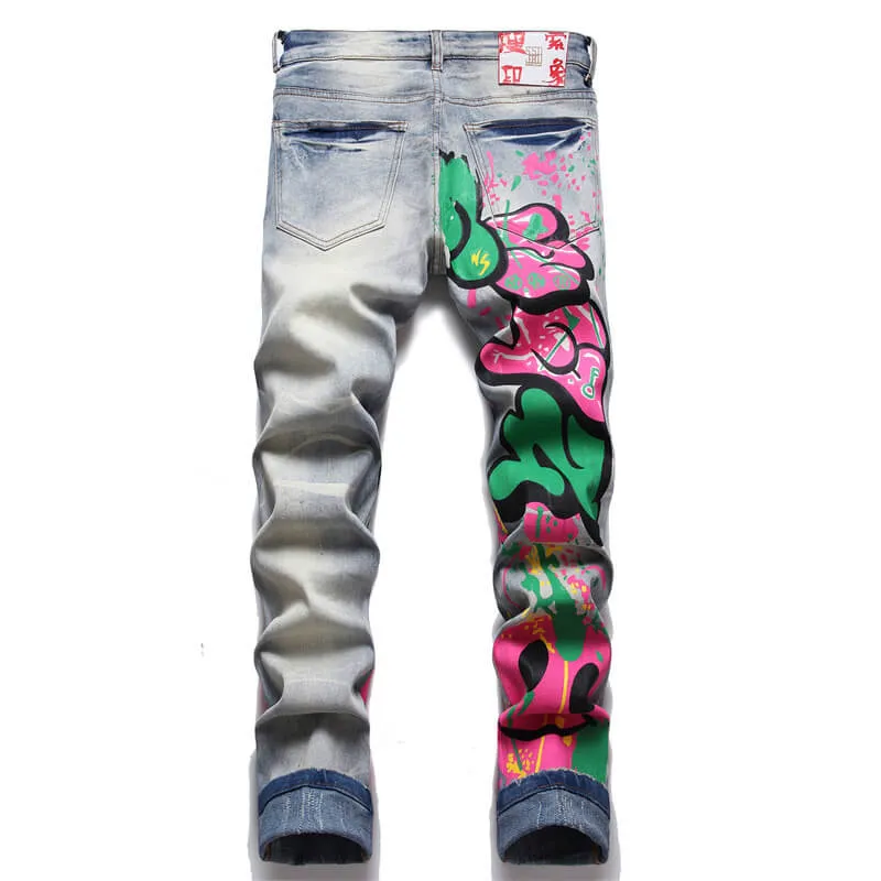 Retro Blue Graffiti Printed Cotton Pants