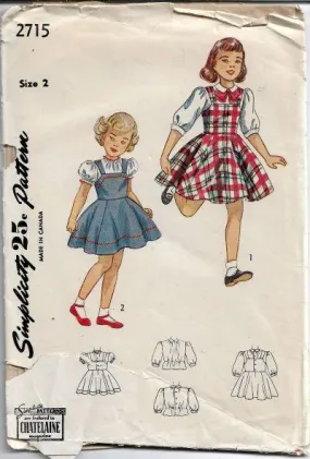 Simplicity 2715 Vintage Sewing Pattern 1940s Little Girls Jumper Dress Blouse