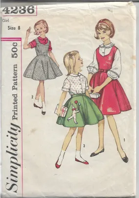 Simplicity 4236 Girls Jumper Dress Flared Skirt Vintage Sewing Pattern 1960s