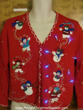 Sliding Snowmen Red Tacky Xmas Sweater with Lights