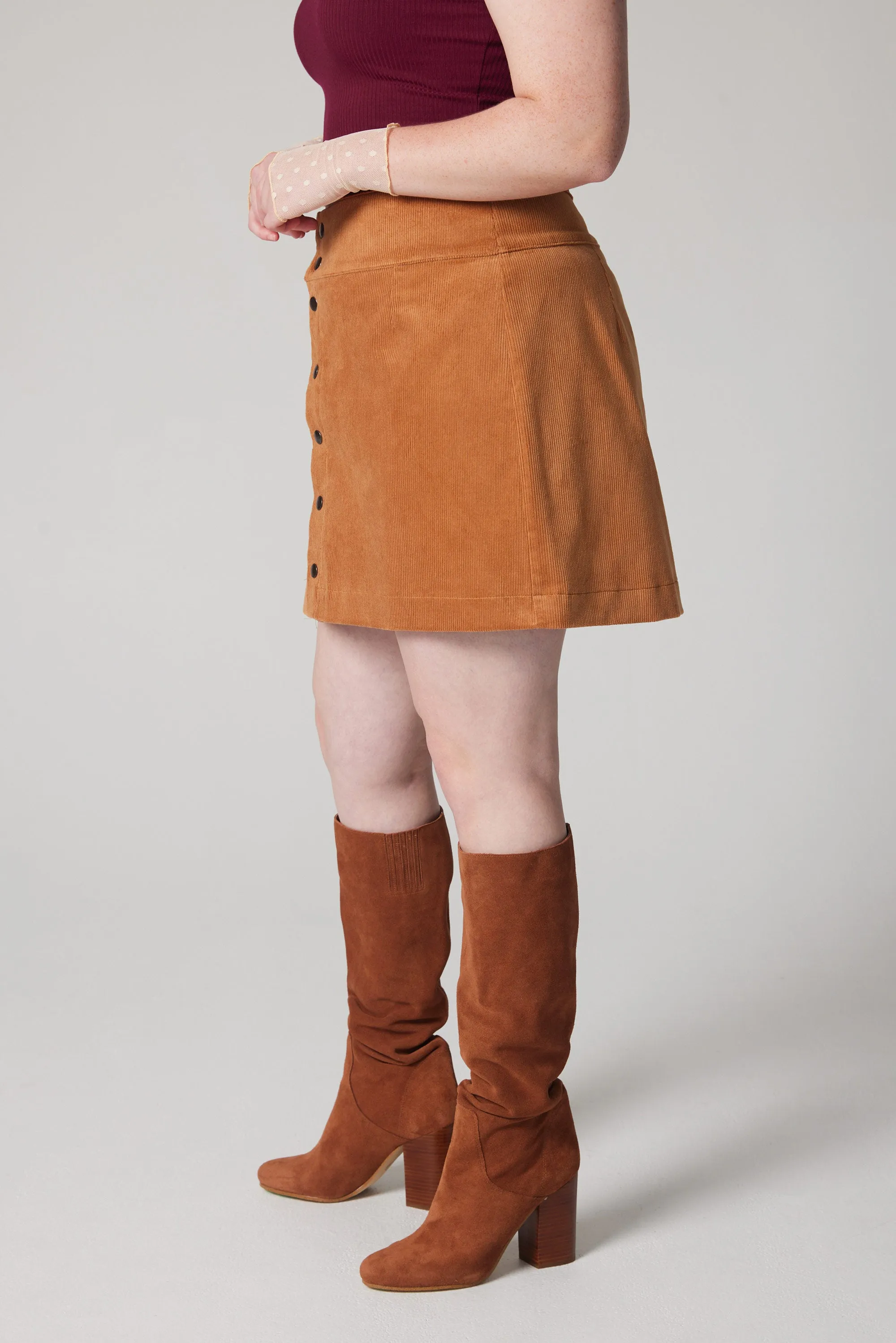 Snap Button Corduroy Skirt - Caramel