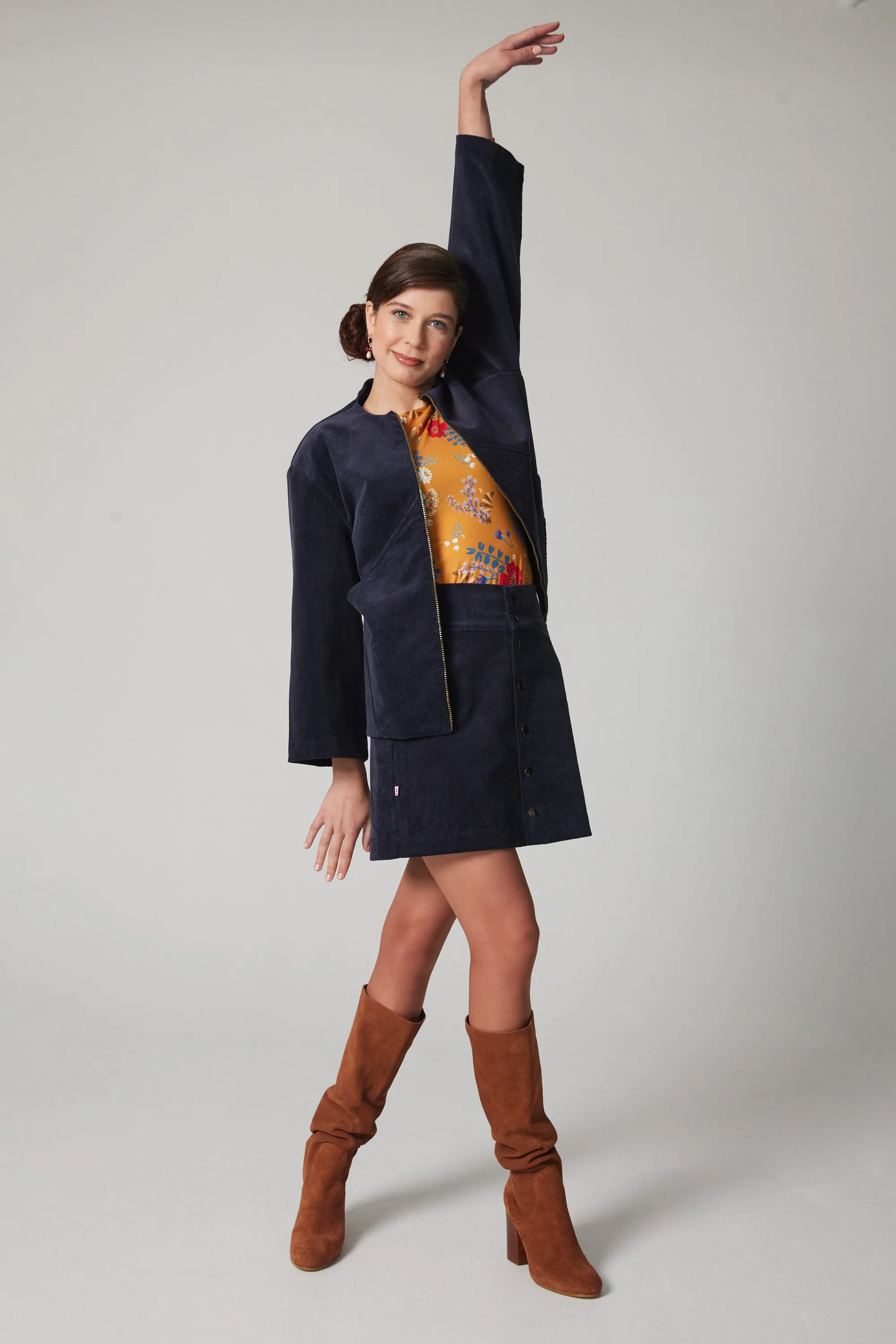Snap Button Corduroy Skirt - Navy