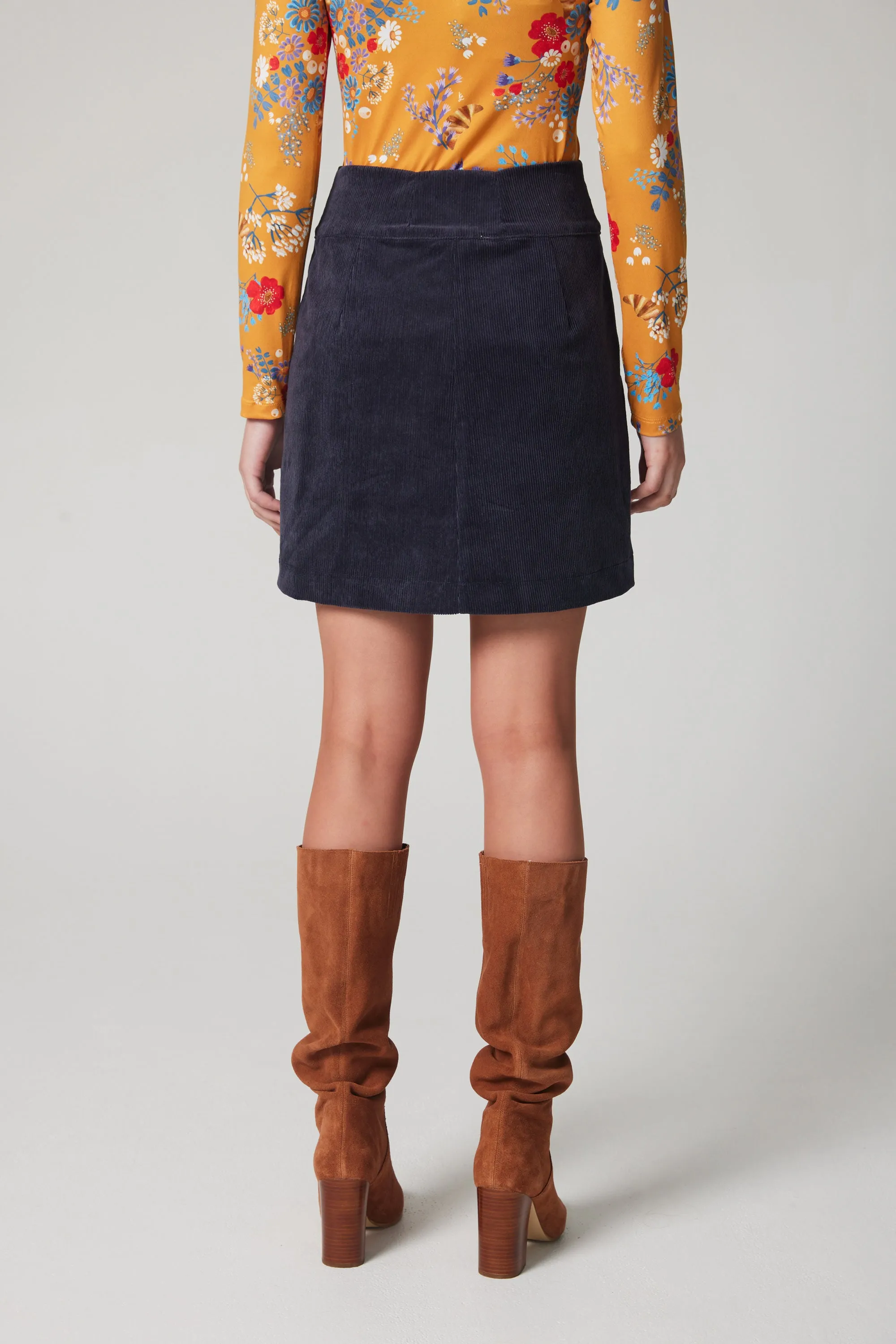 Snap Button Corduroy Skirt - Navy