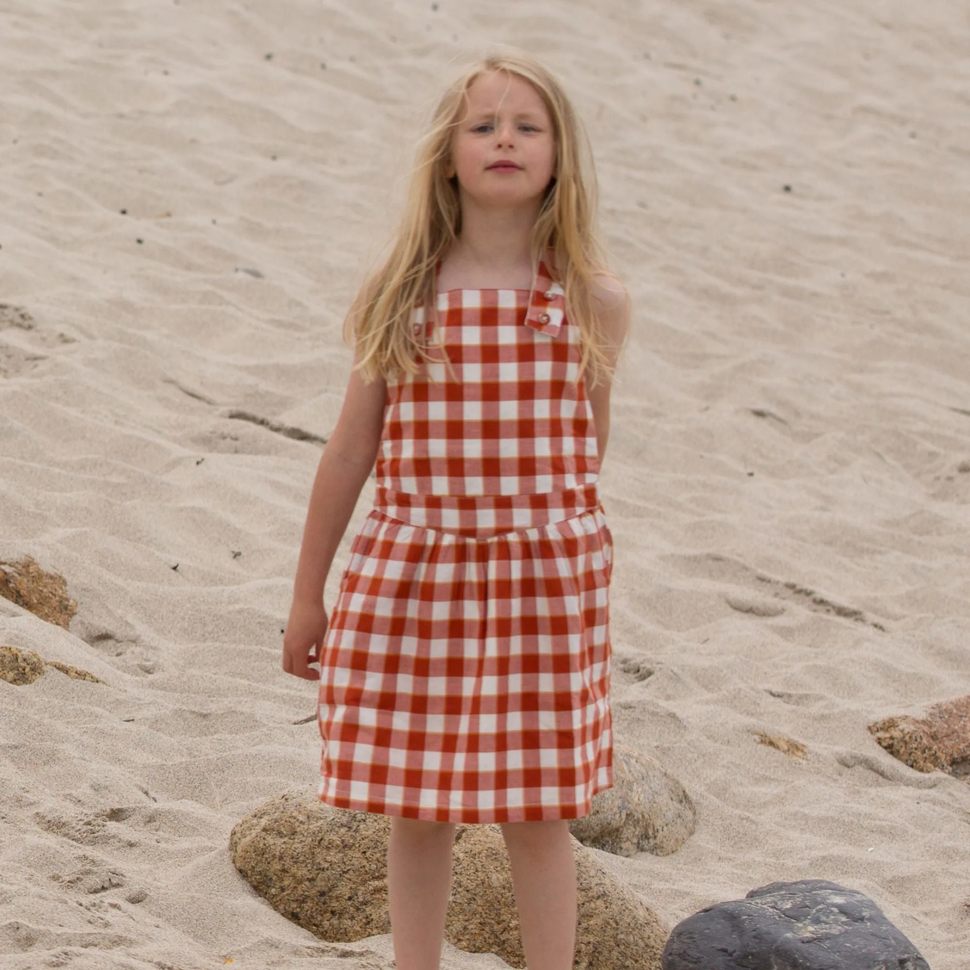 Soft Red Checkered Reversible Pinafore Dress