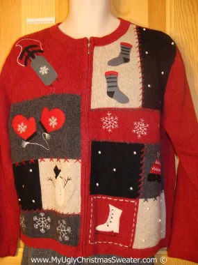 Tacky Red Christmas Sweater with Skates and Mittens (f1365)