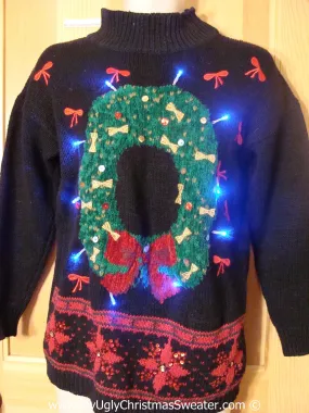 Tacky Xmas Sweater with Lights Wreath and Poinsettias (g190)