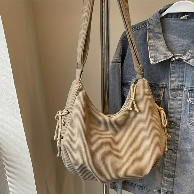 Uakiss  Lightweight Striped Corduroy Shoulder Bag - Women's Casual Bag with Adjustable Strap, Zipper Closure - Black, Beige, Khaki