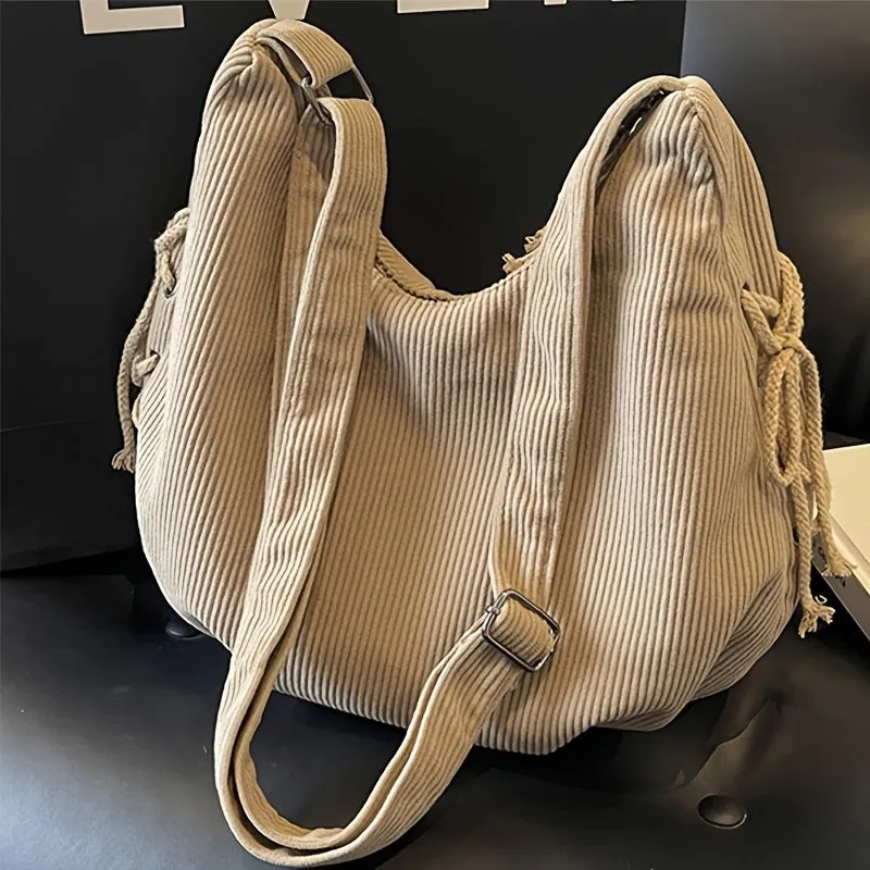 Uakiss  Lightweight Striped Corduroy Shoulder Bag - Women's Casual Bag with Adjustable Strap, Zipper Closure - Black, Beige, Khaki