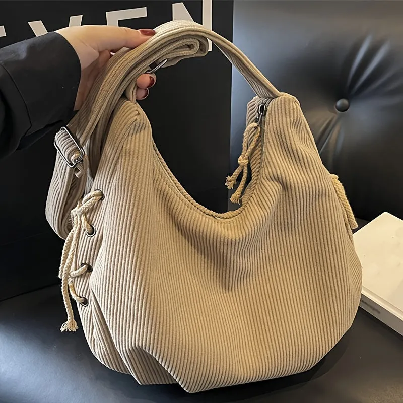 Uakiss  Lightweight Striped Corduroy Shoulder Bag - Women's Casual Bag with Adjustable Strap, Zipper Closure - Black, Beige, Khaki