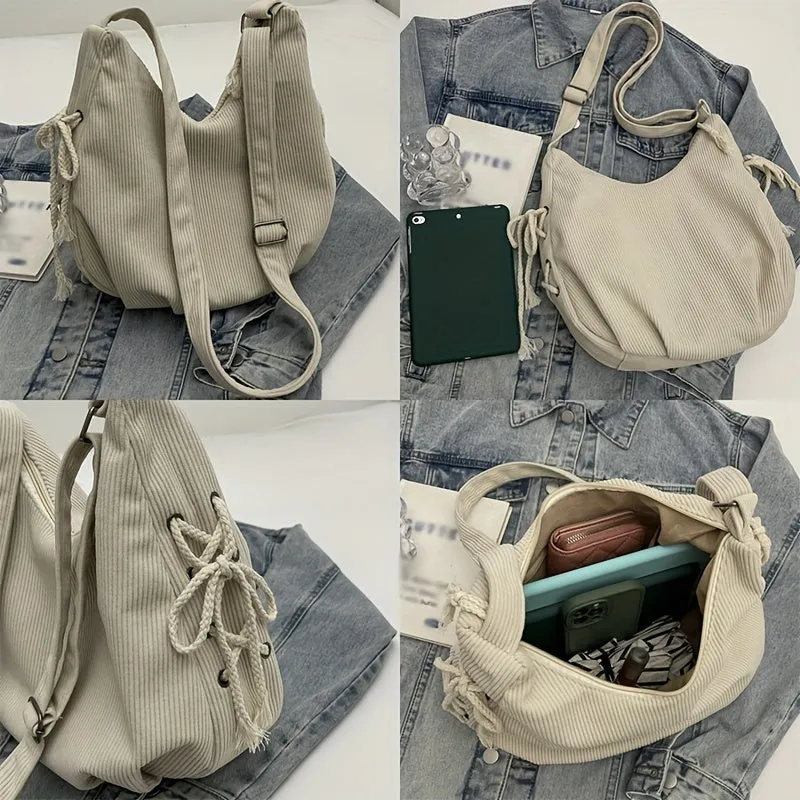 Uakiss  Lightweight Striped Corduroy Shoulder Bag - Women's Casual Bag with Adjustable Strap, Zipper Closure - Black, Beige, Khaki
