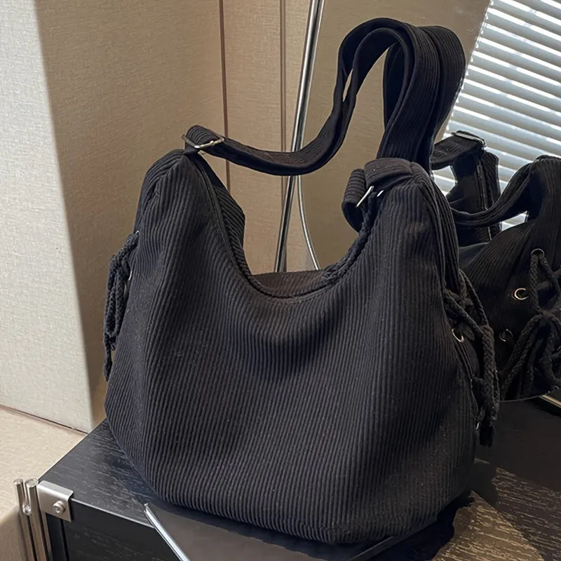 Uakiss  Lightweight Striped Corduroy Shoulder Bag - Women's Casual Bag with Adjustable Strap, Zipper Closure - Black, Beige, Khaki