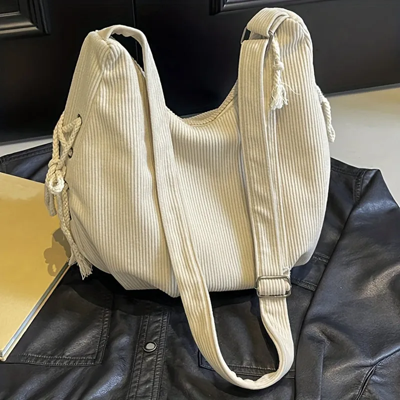 Uakiss  Lightweight Striped Corduroy Shoulder Bag - Women's Casual Bag with Adjustable Strap, Zipper Closure - Black, Beige, Khaki