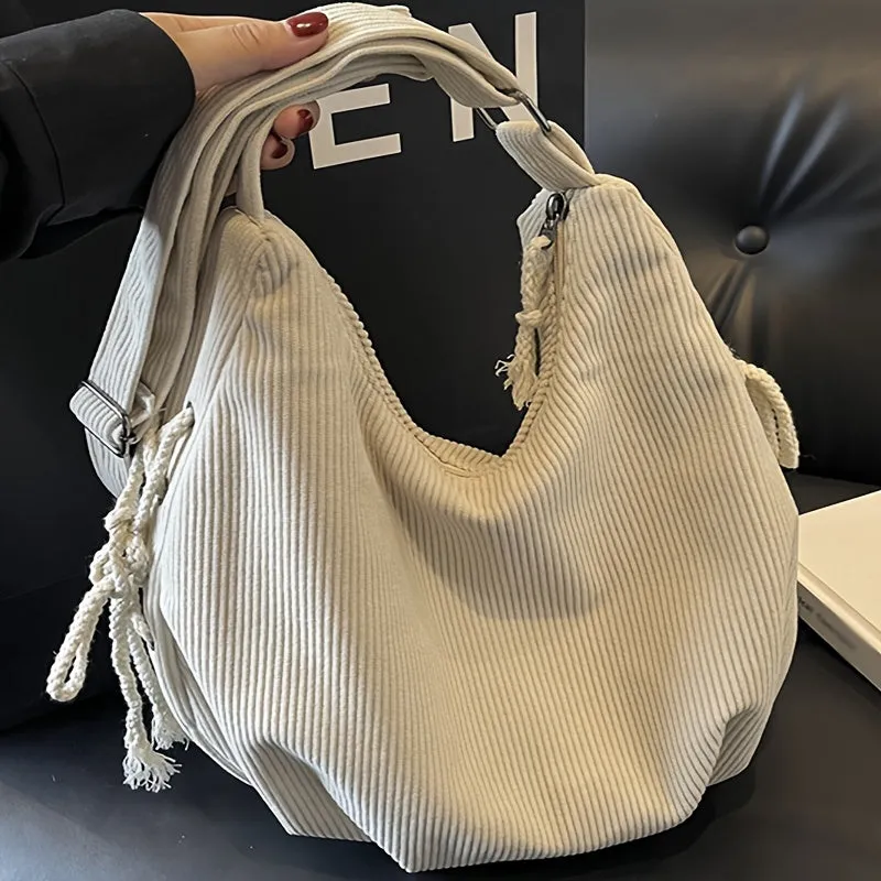 Uakiss  Lightweight Striped Corduroy Shoulder Bag - Women's Casual Bag with Adjustable Strap, Zipper Closure - Black, Beige, Khaki