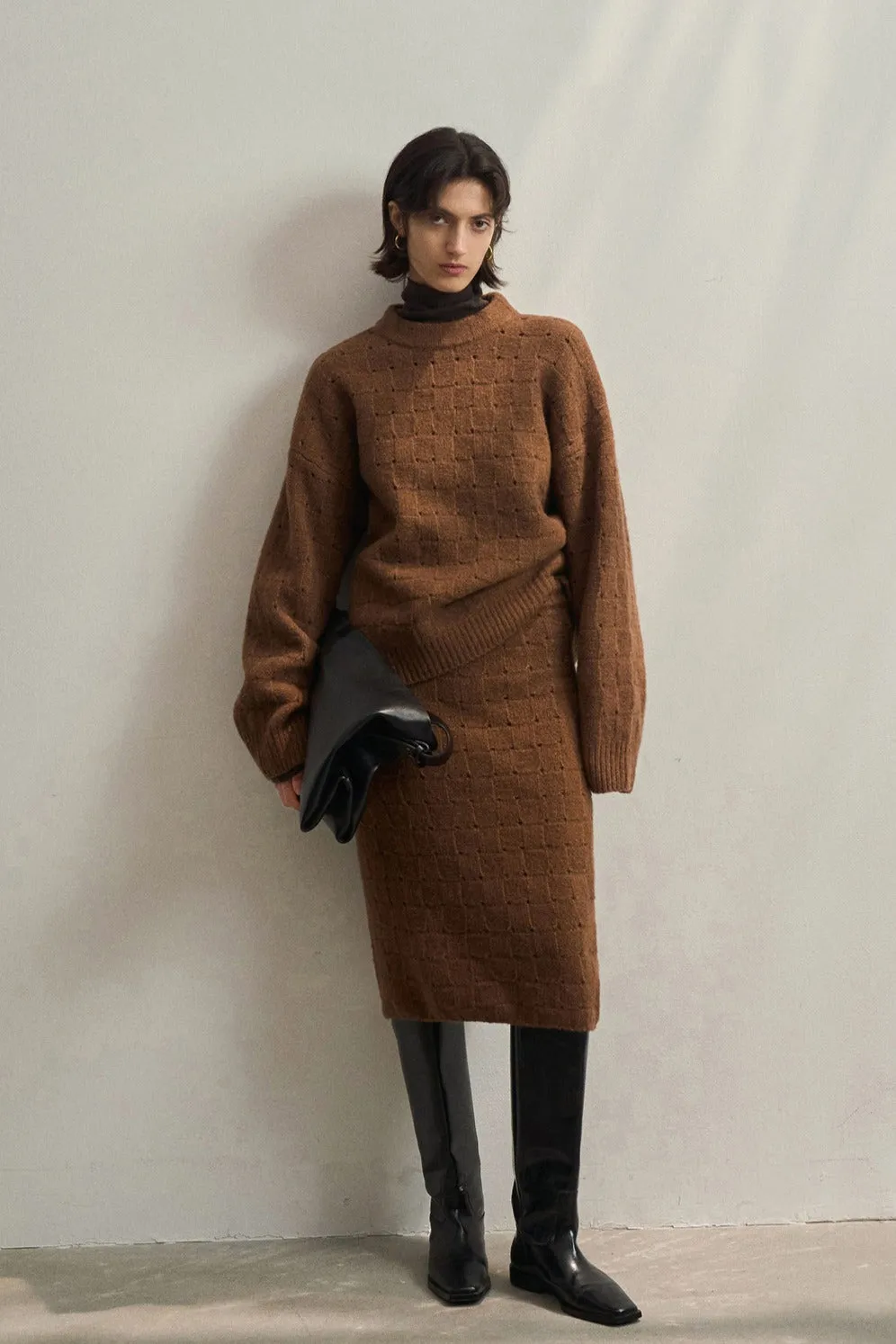 Wool riched basket weave pattern soft skirt | 4 color